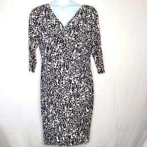 Lauren Ralph Lauren Geo Print Dress Size 16 Side Ruched Stretch V-Neck Career